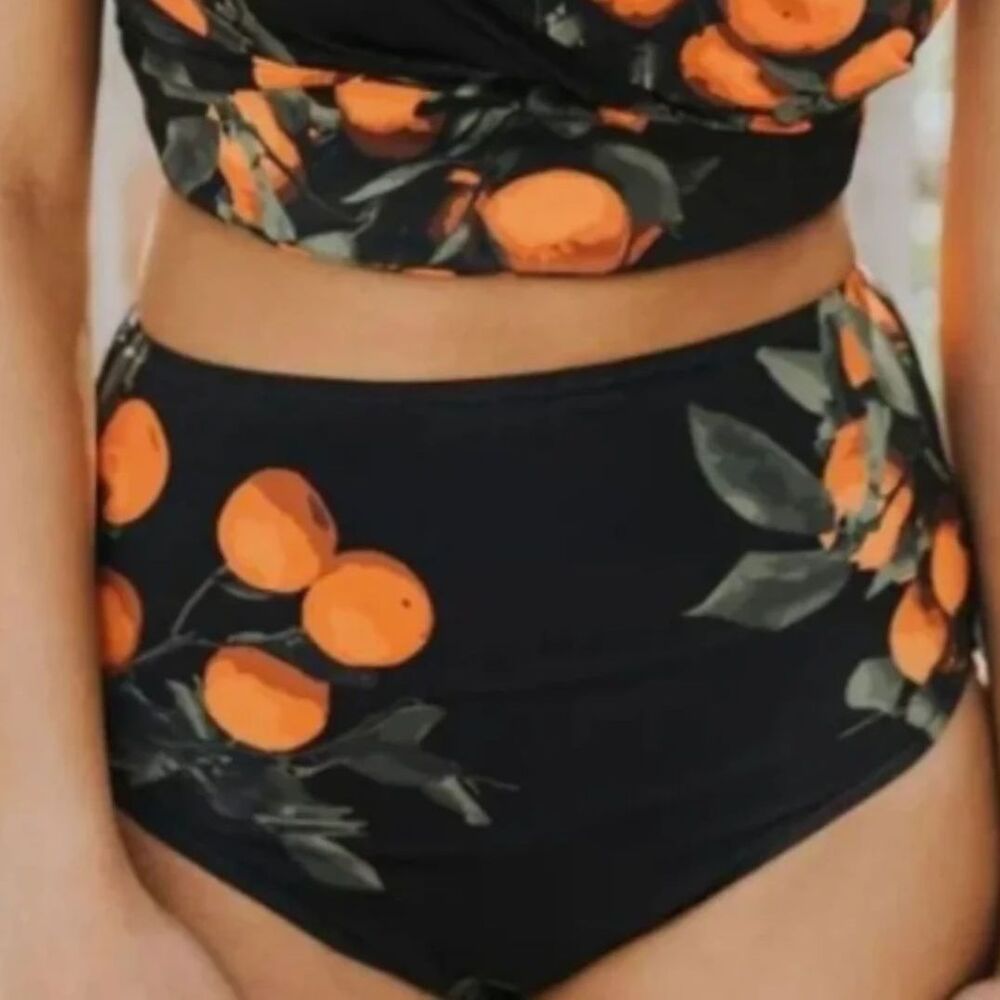Albion Orange Grove Print High-Waisted Bikini Bottoms Orange & Black Size Small